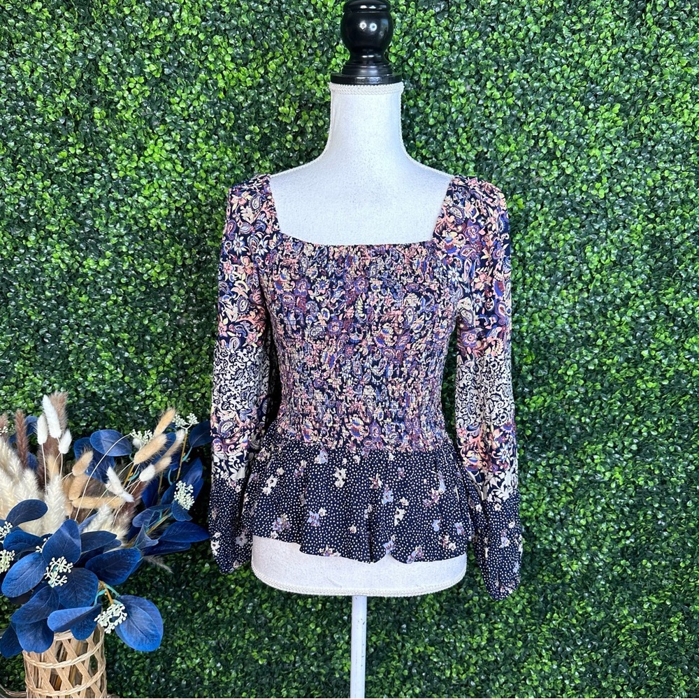 Angie Purple pasiley‎ Smocked Peplum long sleeve nwot